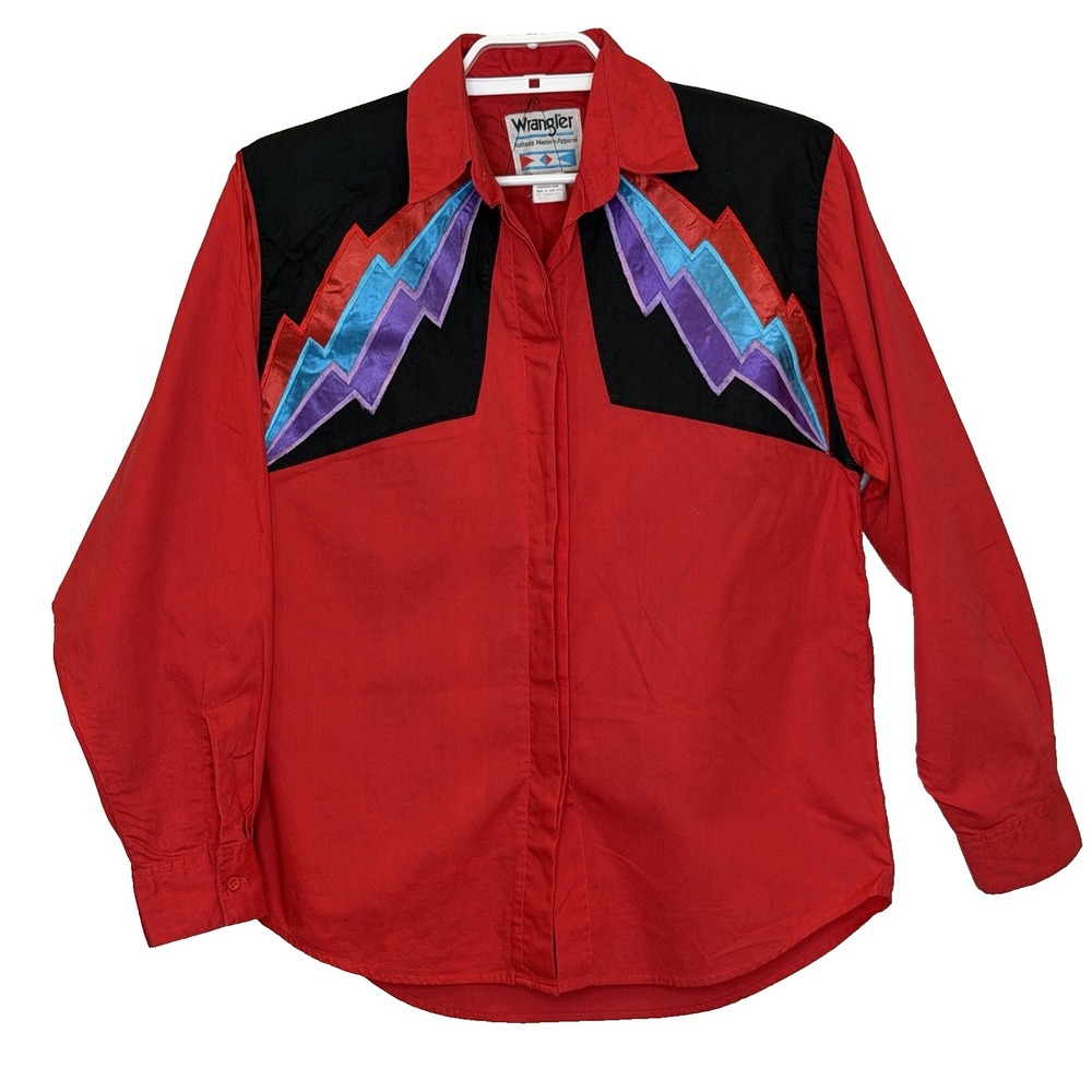 Vintage Wrangler Western Button Front Top Womens Medium Red Long Sleeve Collared